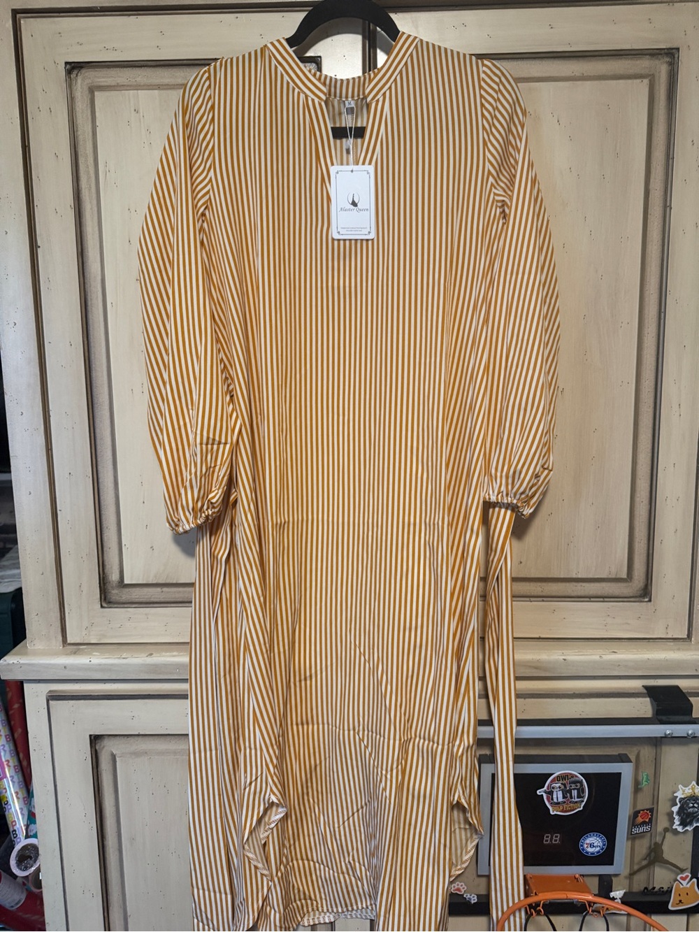 Striped Mustard Midi Dress with Long Sleeves